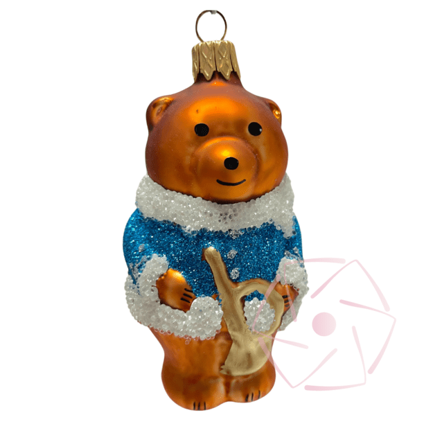 Stiklinis eglutės žaisliukas MEŠKIUKAS SU TRIMITU