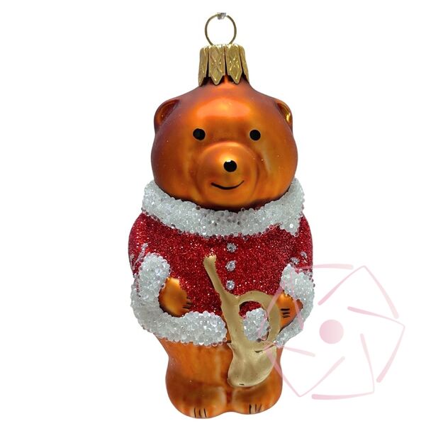 Stiklinis meškiukas su raudonu švarkeliu